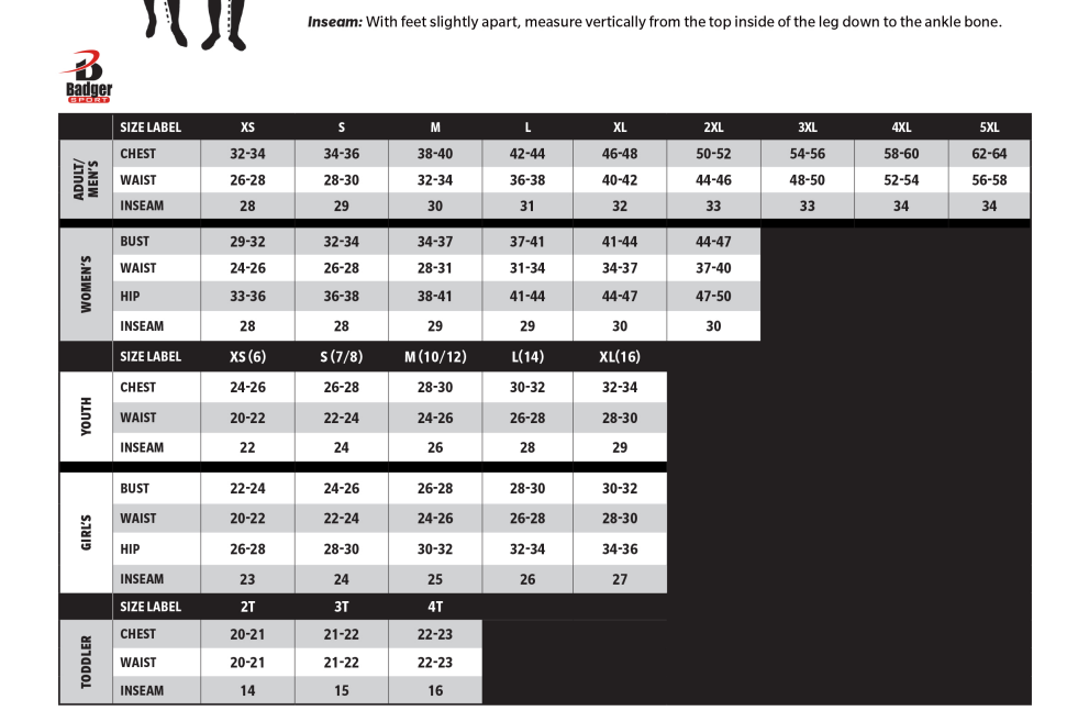 Player TShirts and game jerseys sizing charts